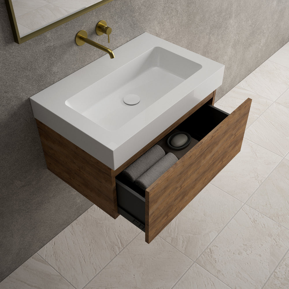 Raffinata One Drawer Vanity Unit  With Beyondstone BLOC Basin - Oak 700mm