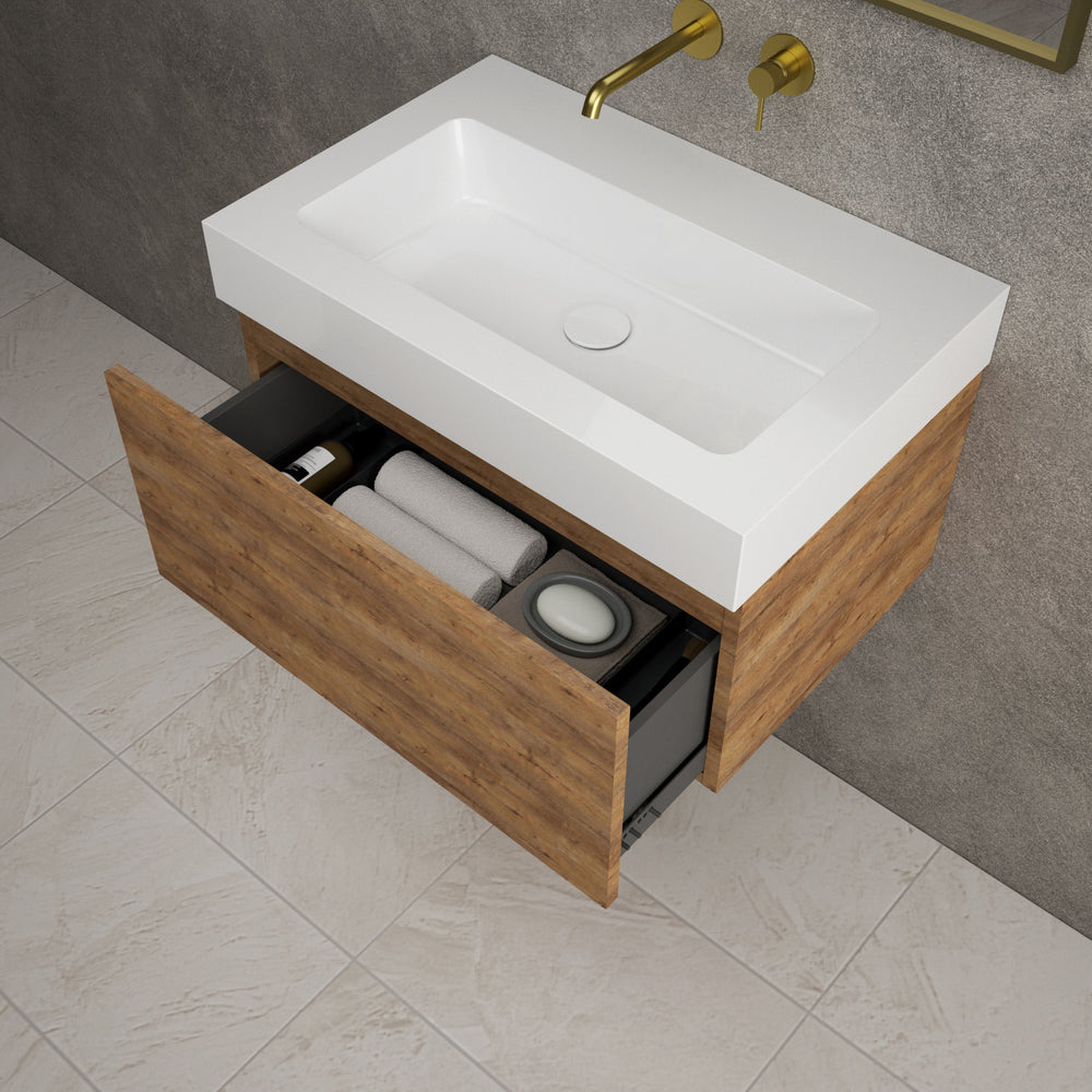 Raffinata One Drawer Vanity Unit  With Beyondstone BLOC Basin - Oak 700mm