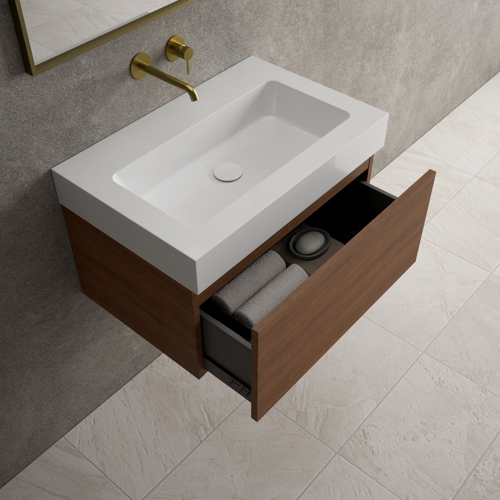 Raffinata One Drawer Vanity Unit  With Beyondstone BLOC Basin - Walnut 700mm