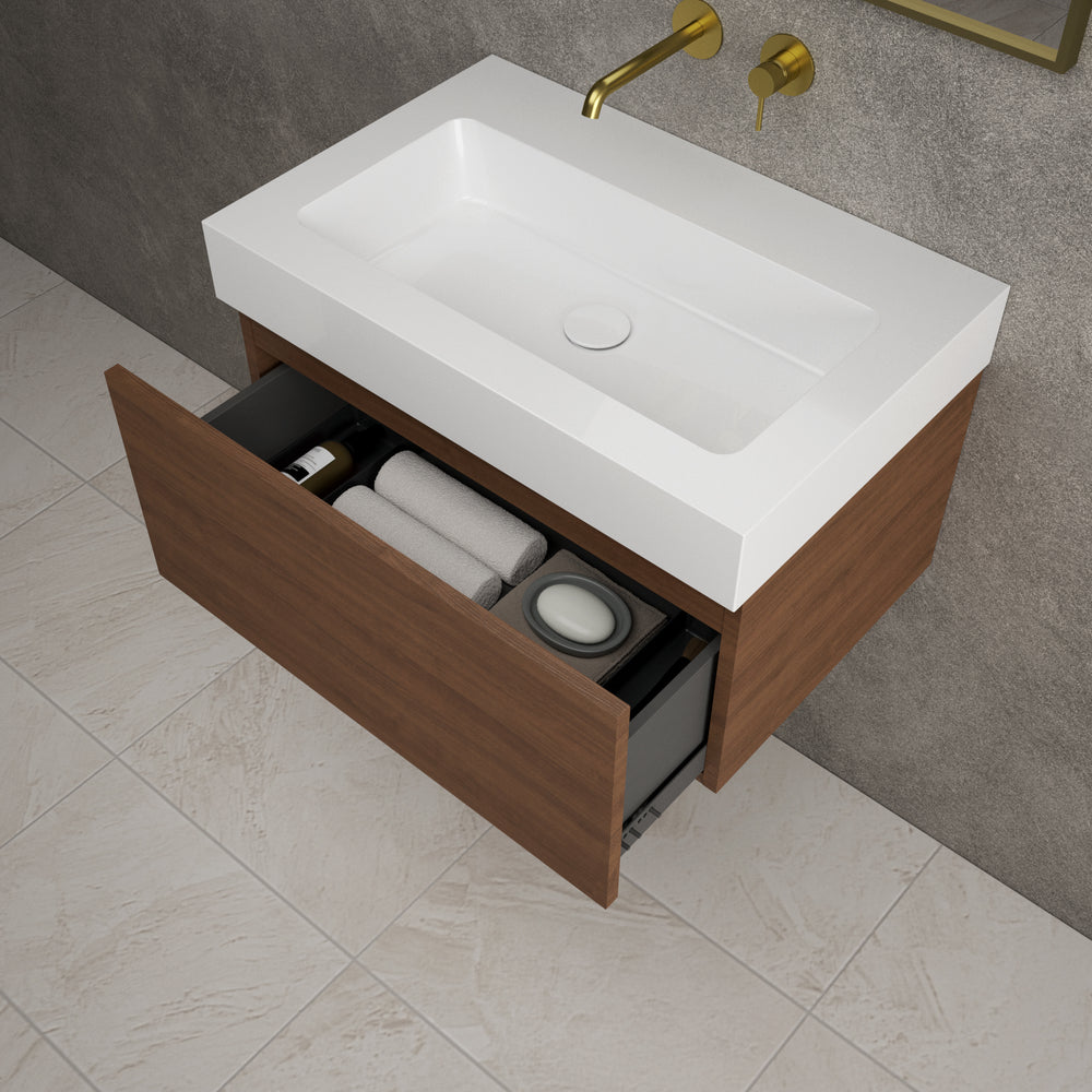 Raffinata One Drawer Vanity Unit  With Beyondstone BLOC Basin - Walnut 700mm