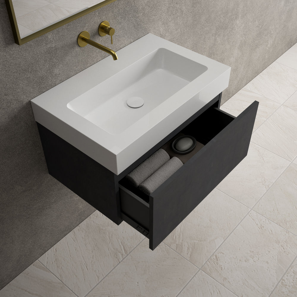 Raffinata One Drawer Vanity Unit With Beyondstone BLOC Basin - Dark Concrete 700mm