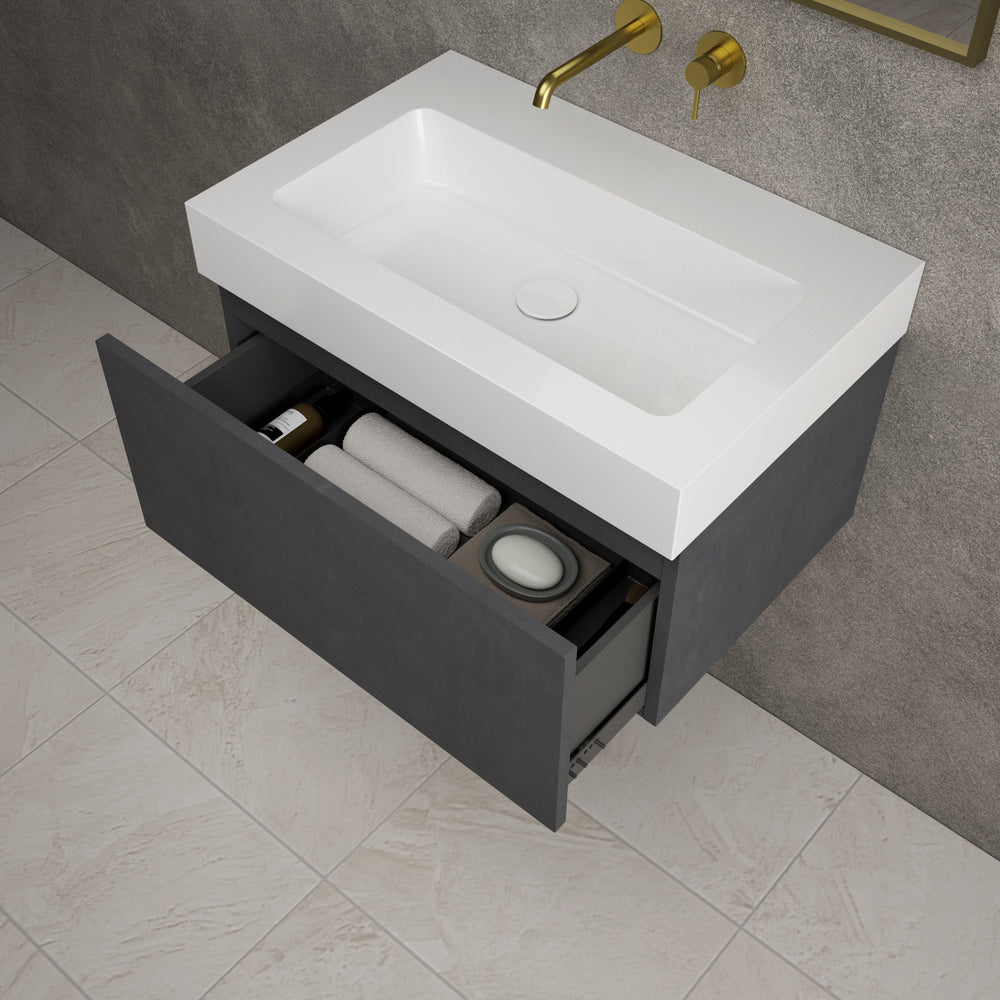 Raffinata One Drawer Vanity Unit With Beyondstone BLOC Basin - Dark Concrete 700mm