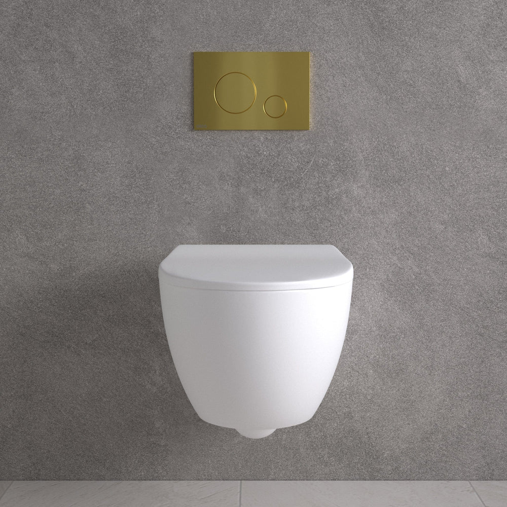 Primo Dolce Wall Hung Rimless Toilet, With Concealed Cistern Frame & Brushed Brass Effect Flush Plate