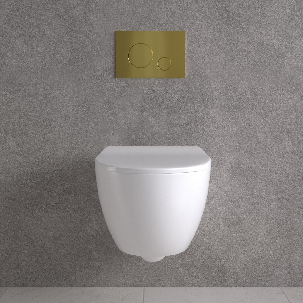 Primo Dolce Wall Hung Rimless Toilet, With Concealed Cistern Frame & Brushed Brass Effect Flush Plate