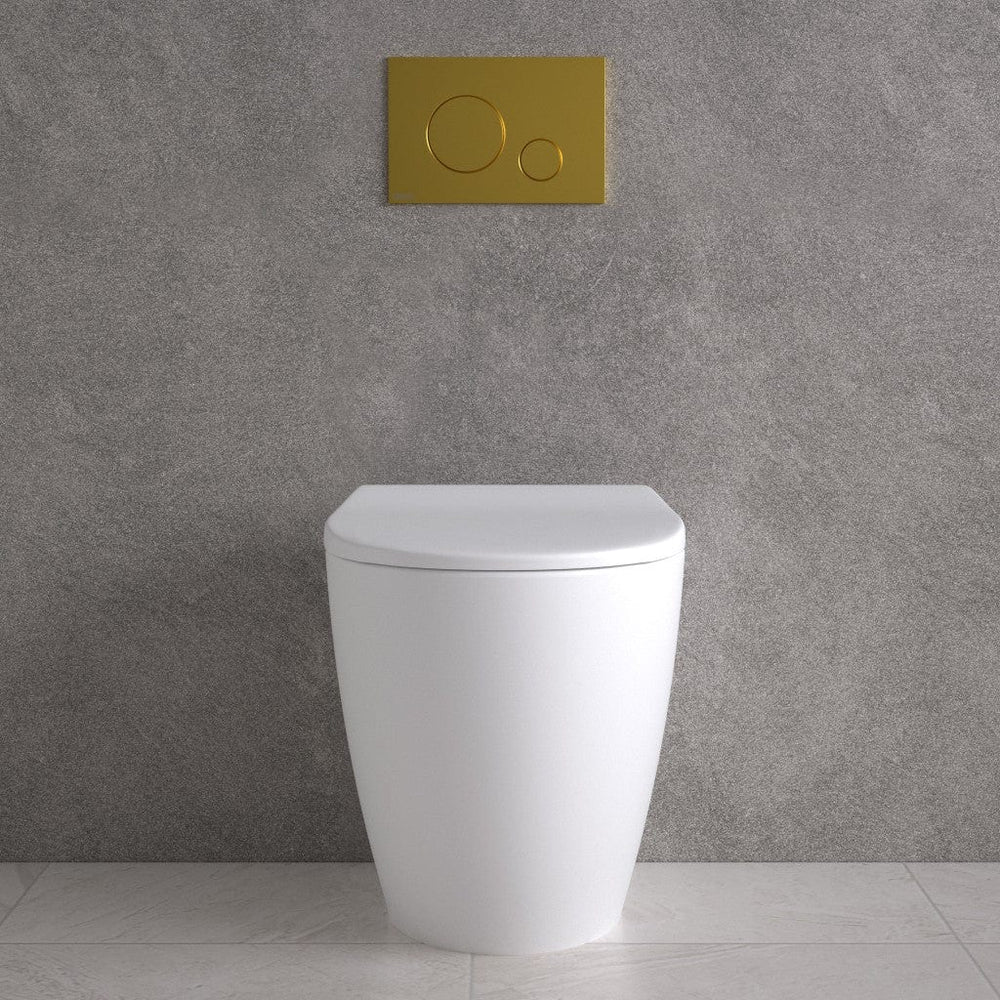 Primo Dolce Back To Wall Rimless Toilet With Concealed Cistern Frame & Brushed Brass Flush Plate